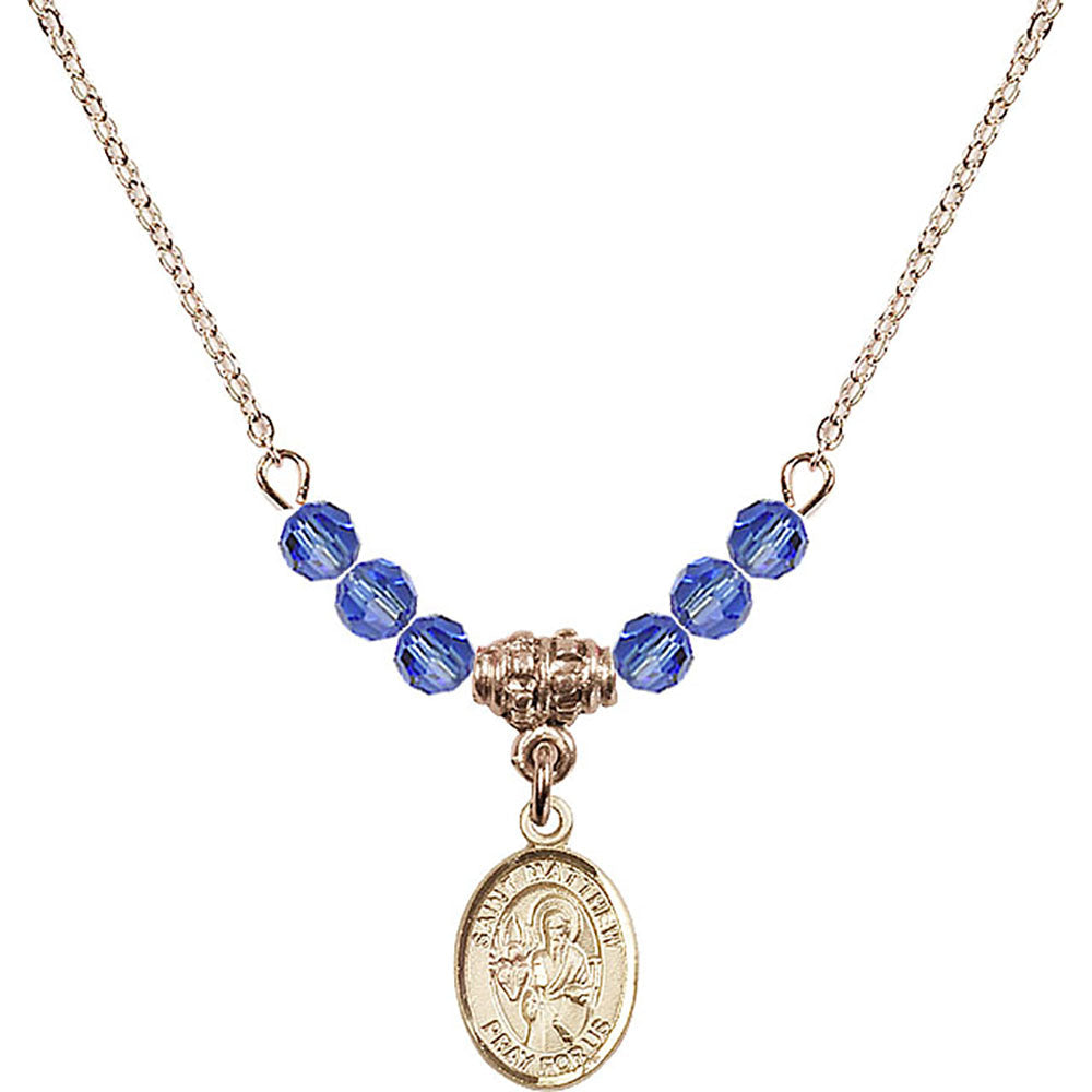 14kt Gold Filled Saint Matthew the Apostle Birthstone Necklace with Sapphire Beads - 9074