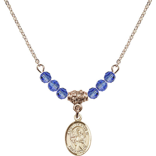 14kt Gold Filled Saint Matthew the Apostle Birthstone Necklace with Sapphire Beads - 9074