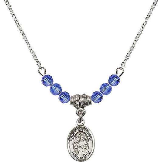 Sterling Silver Saint Matthew the Apostle Birthstone Necklace with Sapphire Beads - 9074
