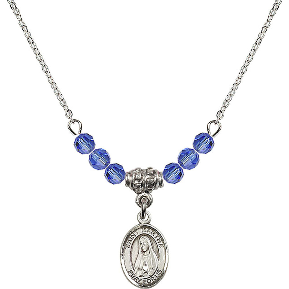 Sterling Silver Saint Martha Birthstone Necklace with Sapphire Beads - 9075