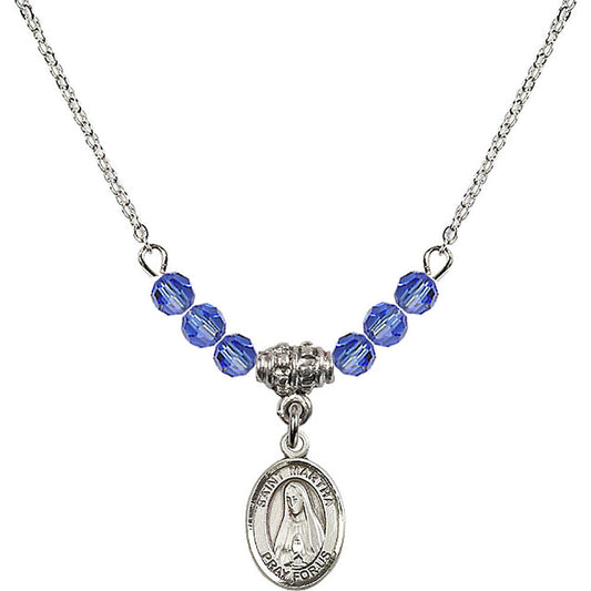 Sterling Silver Saint Martha Birthstone Necklace with Sapphire Beads - 9075