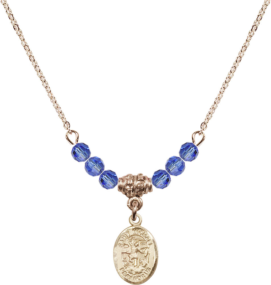 14kt Gold Filled Saint Michael the Archangel Birthstone Necklace with Sapphire Beads - 9076