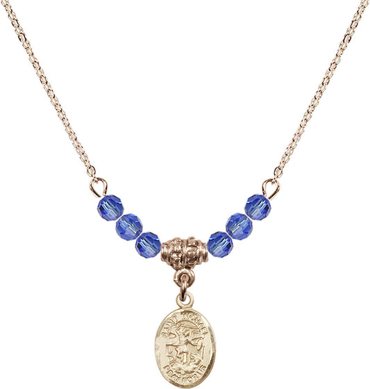 14kt Gold Filled Saint Michael the Archangel Birthstone Necklace with Sapphire Beads - 9076