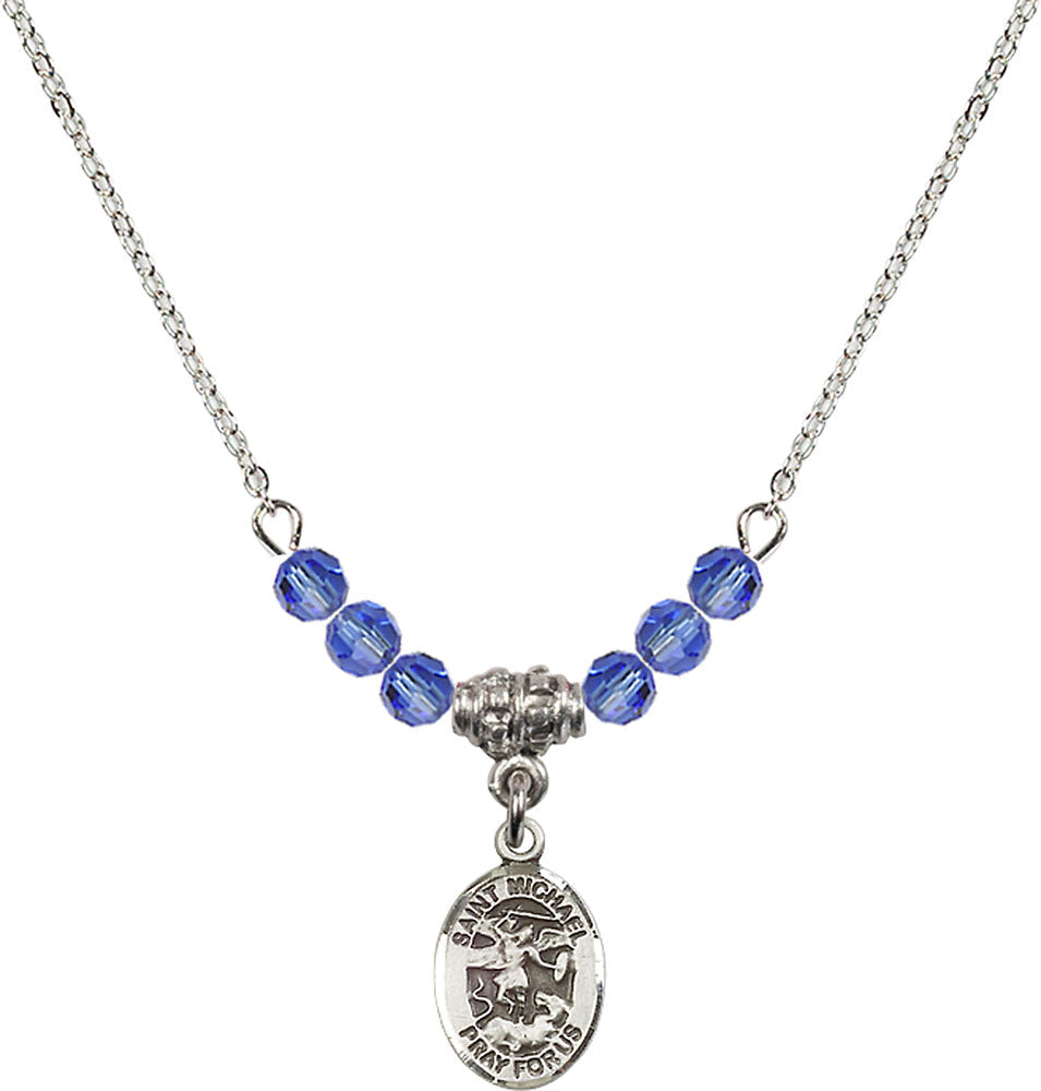 Sterling Silver Saint Michael the Archangel Birthstone Necklace with Sapphire Beads - 9076