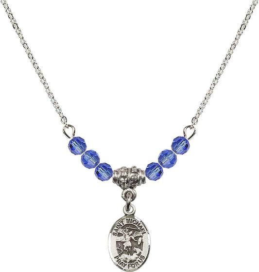 Sterling Silver Saint Michael the Archangel Birthstone Necklace with Sapphire Beads - 9076