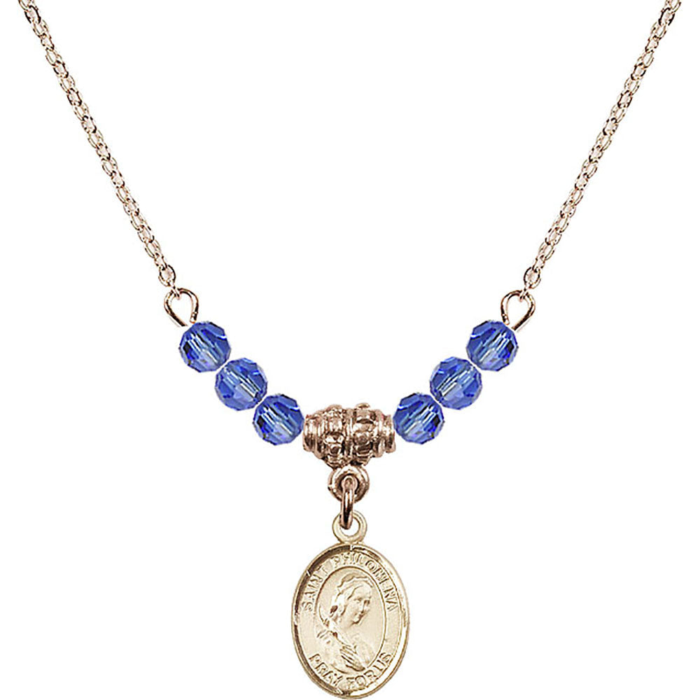 14kt Gold Filled Saint Philomena Birthstone Necklace with Sapphire Beads - 9077