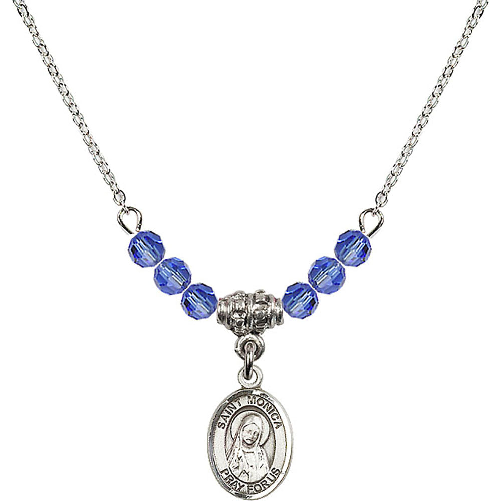 Sterling Silver Saint Monica Birthstone Necklace with Sapphire Beads - 9079