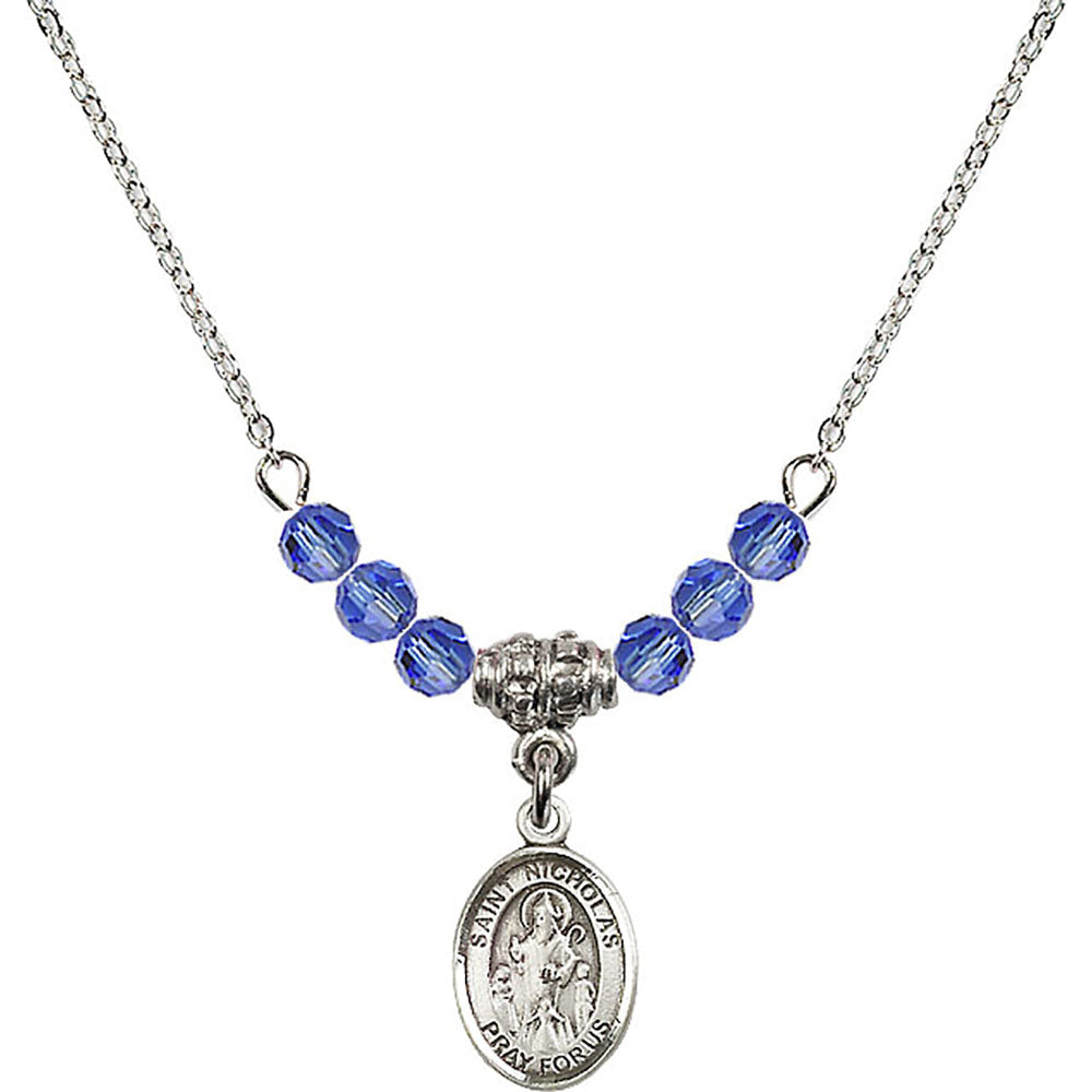 Sterling Silver Saint Nicholas Birthstone Necklace with Sapphire Beads - 9080