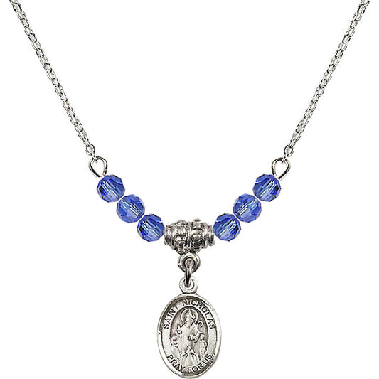 Sterling Silver Saint Nicholas Birthstone Necklace with Sapphire Beads - 9080