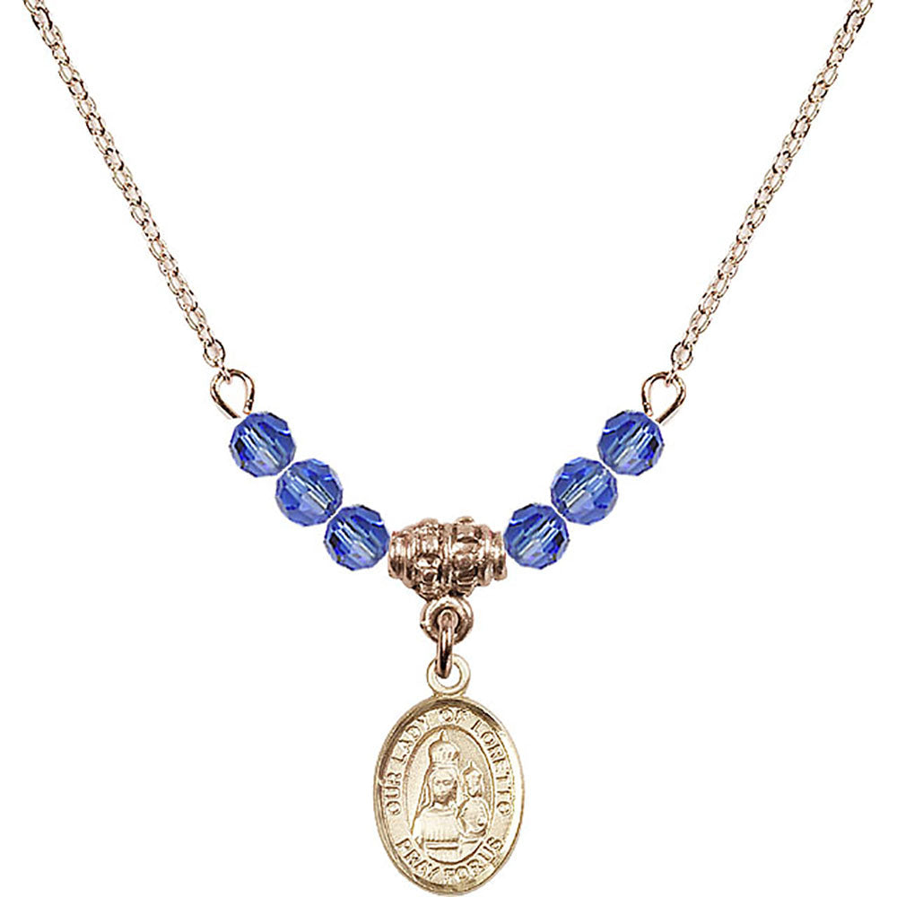 14kt Gold Filled Our Lady of Loretto Birthstone Necklace with Sapphire Beads - 9082