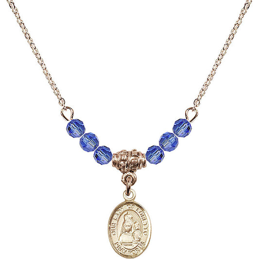 14kt Gold Filled Our Lady of Loretto Birthstone Necklace with Sapphire Beads - 9082