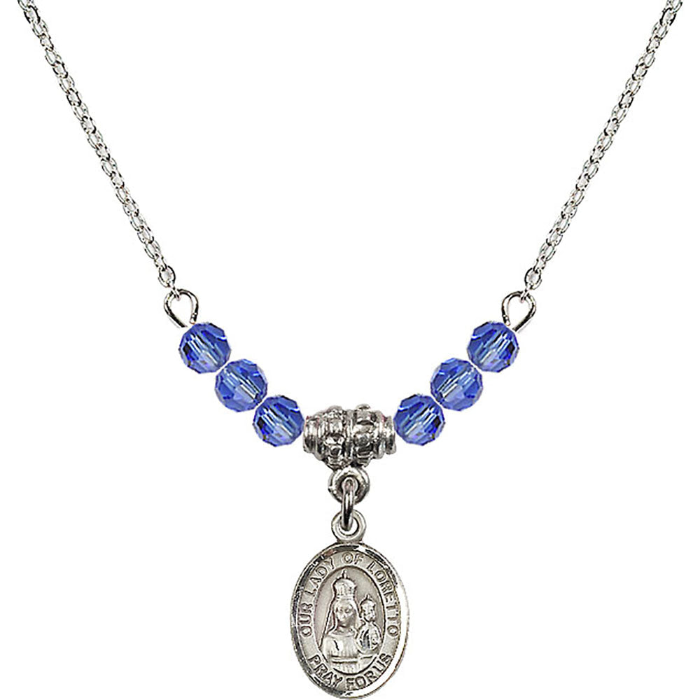 Sterling Silver Our Lady of Loretto Birthstone Necklace with Sapphire Beads - 9082