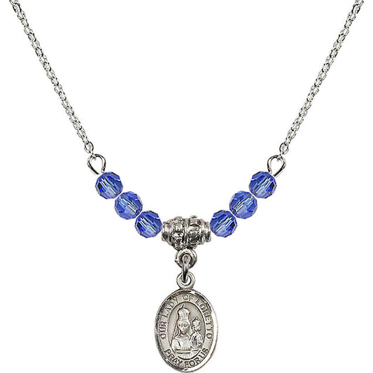 Sterling Silver Our Lady of Loretto Birthstone Necklace with Sapphire Beads - 9082