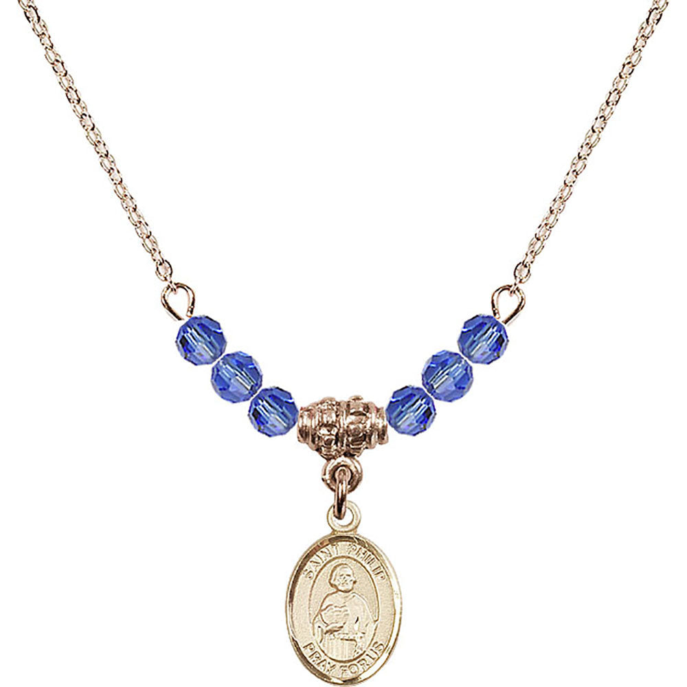14kt Gold Filled Saint Philip the Apostle Birthstone Necklace with Sapphire Beads - 9083