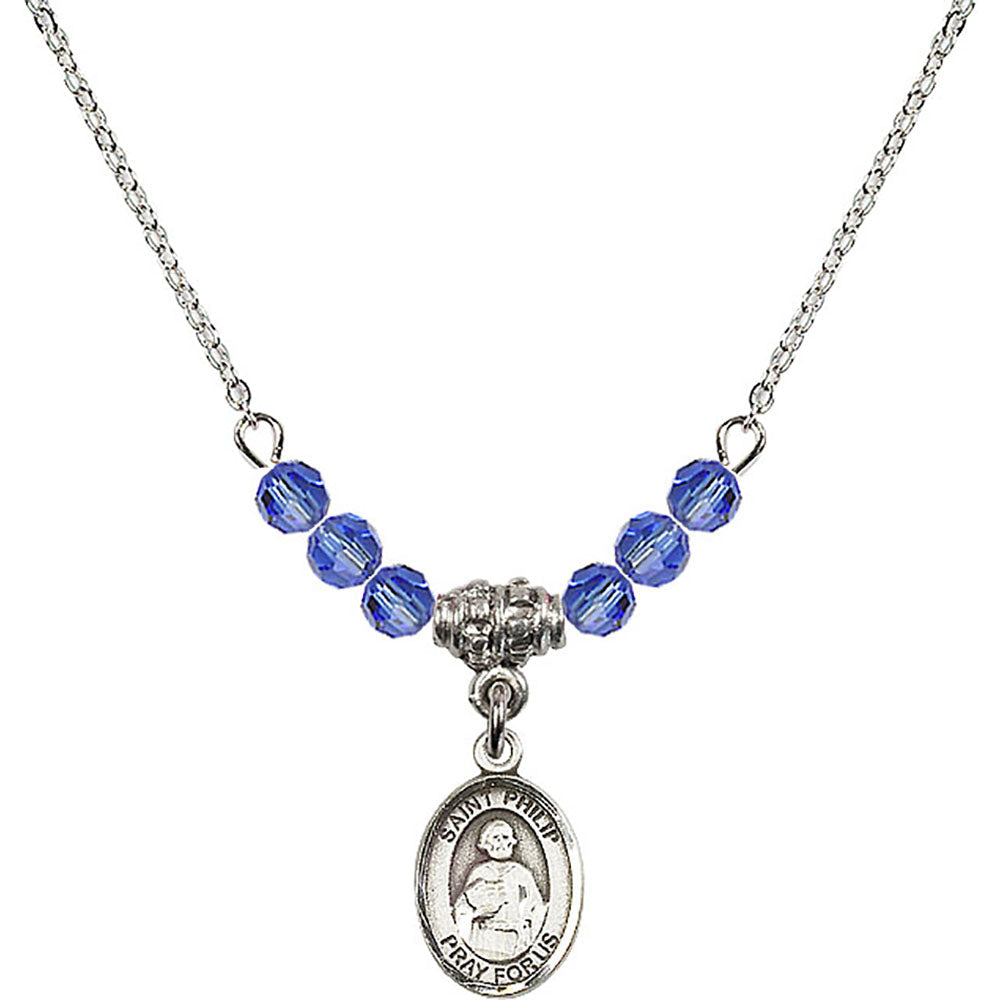 Sterling Silver Saint Philip the Apostle Birthstone Necklace with Sapphire Beads - 9083