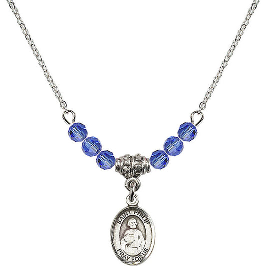 Sterling Silver Saint Philip the Apostle Birthstone Necklace with Sapphire Beads - 9083