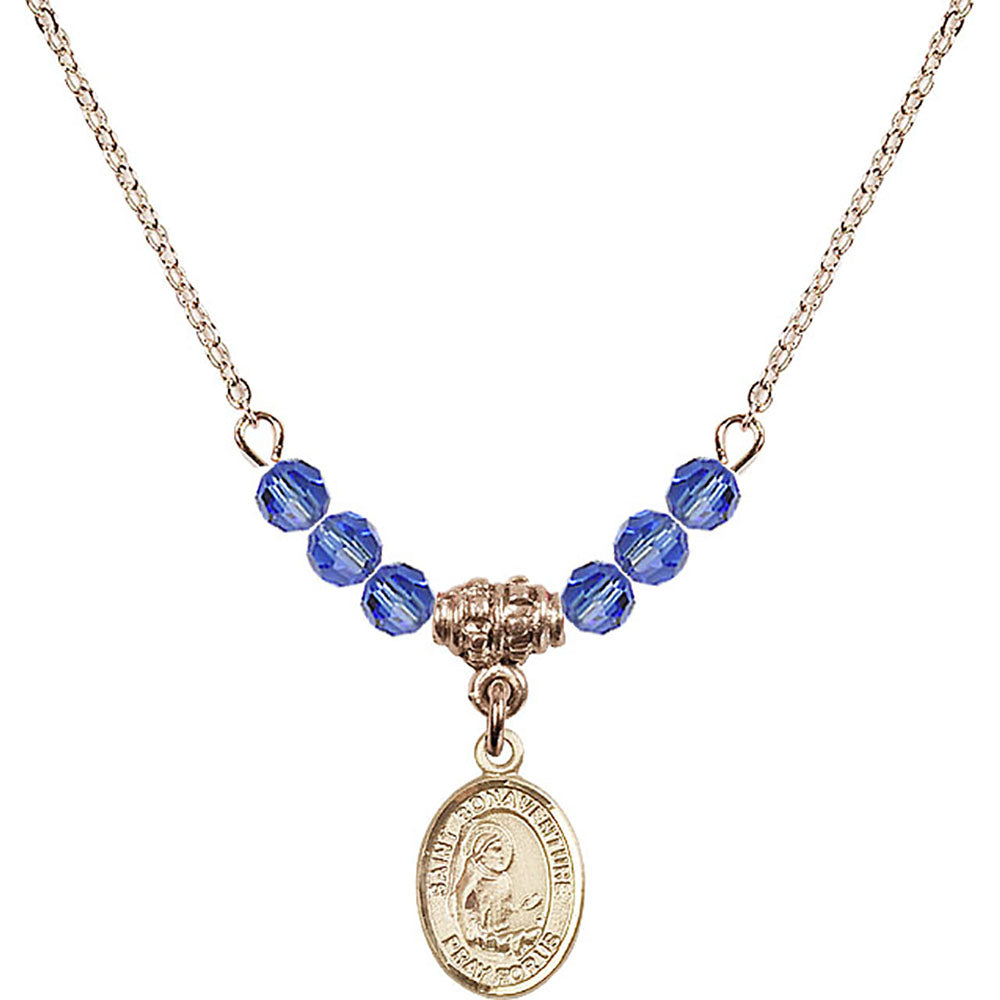 14kt Gold Filled Saint Bonaventure Birthstone Necklace with Sapphire Beads - 9085