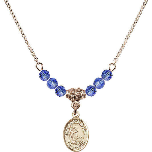 14kt Gold Filled Saint Bonaventure Birthstone Necklace with Sapphire Beads - 9085