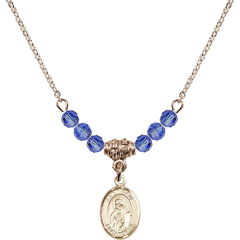 14kt Gold Filled Saint Paul the Apostle Birthstone Necklace with Sapphire Beads - 9086