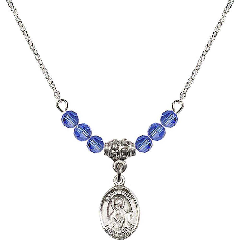 Sterling Silver Saint Paul the Apostle Birthstone Necklace with Sapphire Beads - 9086