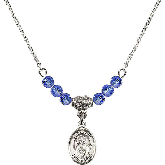 Sterling Silver Saint Paul the Apostle Birthstone Necklace with Sapphire Beads - 9086