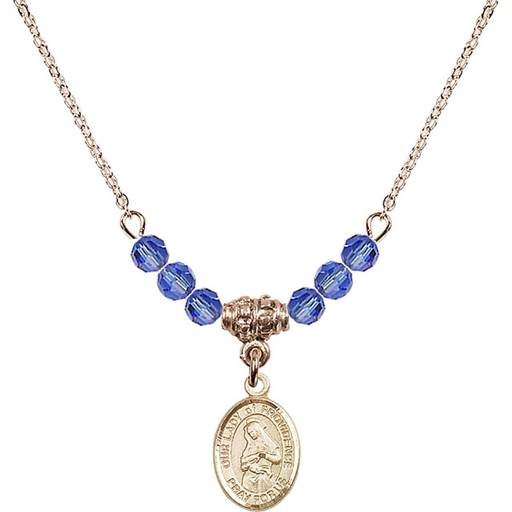 14kt Gold Filled Our Lady of Providence Birthstone Necklace with Sapphire Beads - 9087