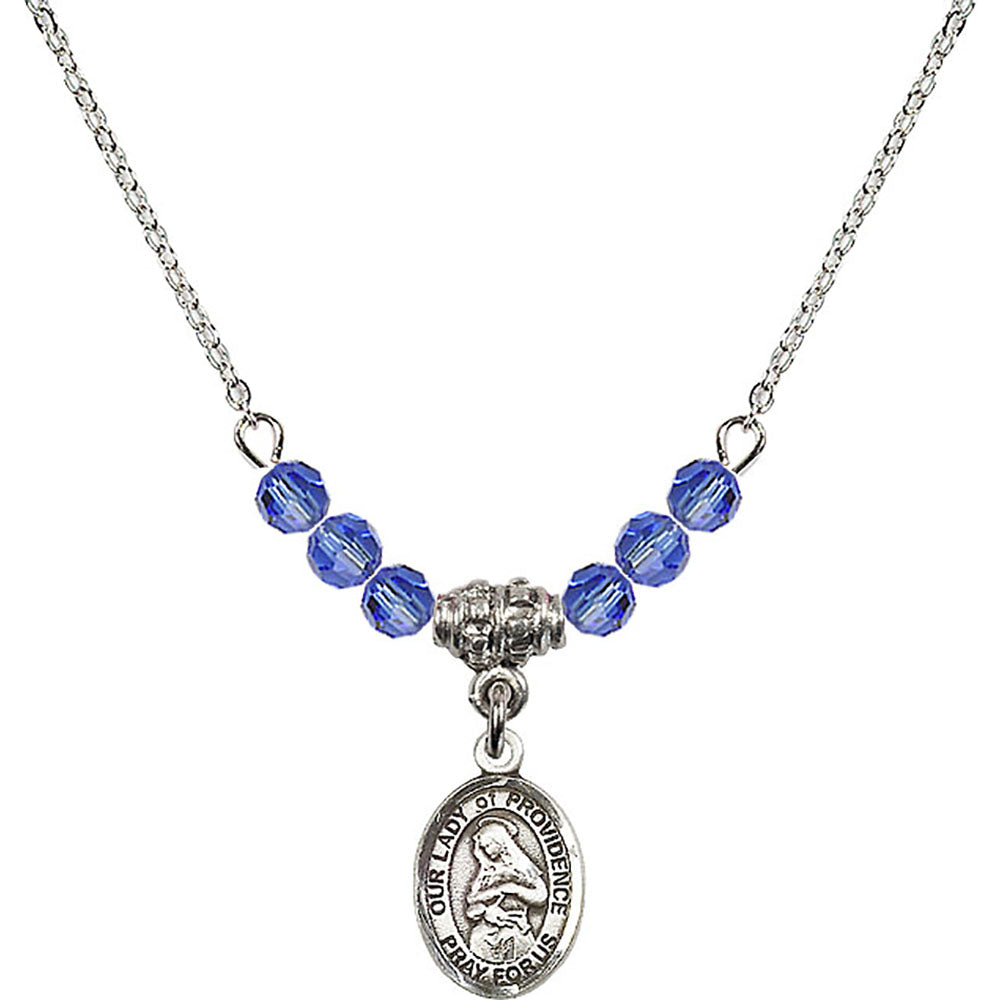 Sterling Silver Our Lady of Providence Birthstone Necklace with Sapphire Beads - 9087