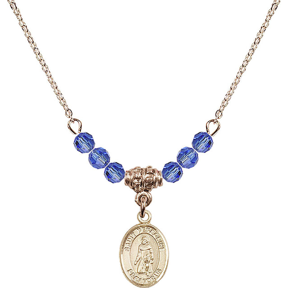 14kt Gold Filled Saint Peregrine Laziosi Birthstone Necklace with Sapphire Beads - 9088