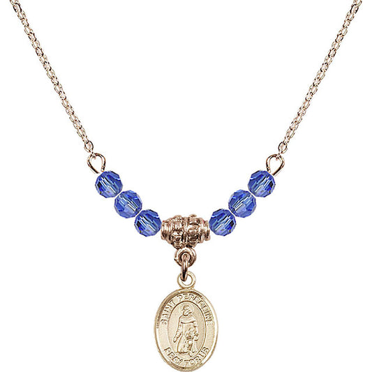 14kt Gold Filled Saint Peregrine Laziosi Birthstone Necklace with Sapphire Beads - 9088