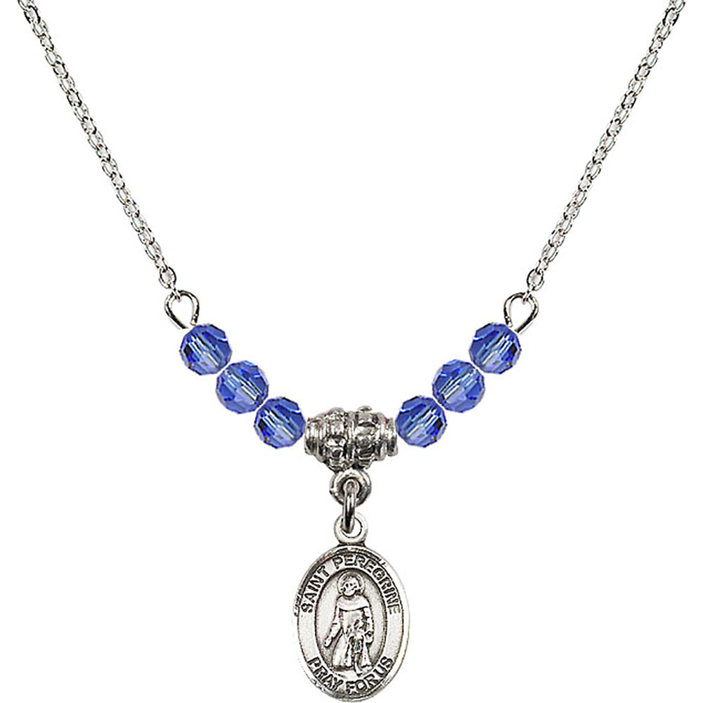 Sterling Silver Saint Peregrine Laziosi Birthstone Necklace with Sapphire Beads - 9088