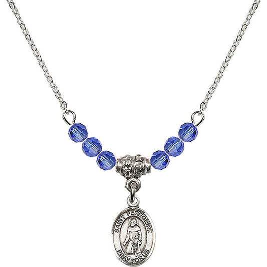 Sterling Silver Saint Peregrine Laziosi Birthstone Necklace with Sapphire Beads - 9088
