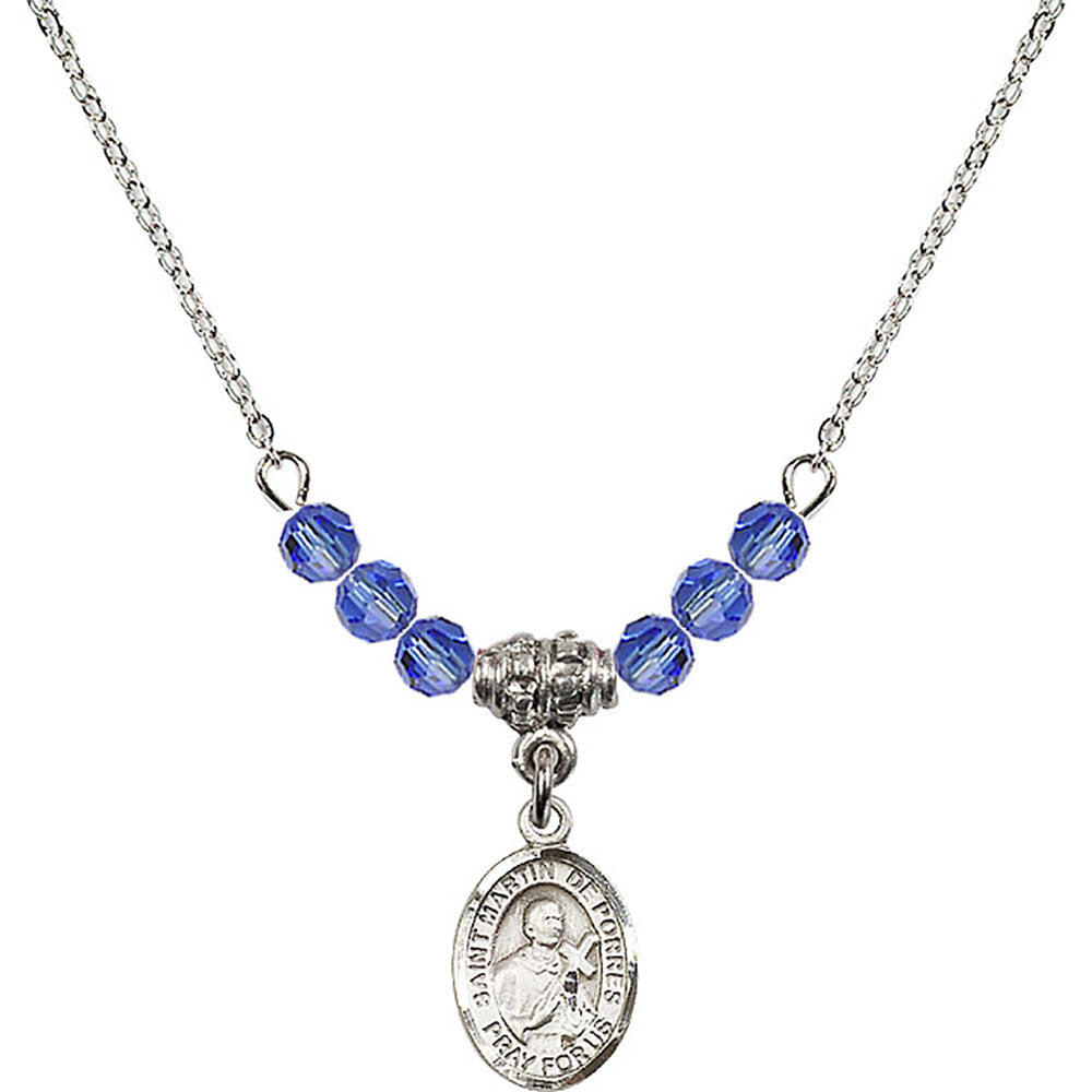 Sterling Silver Saint Martin de Porres Birthstone Necklace with Sapphire Beads - 9089