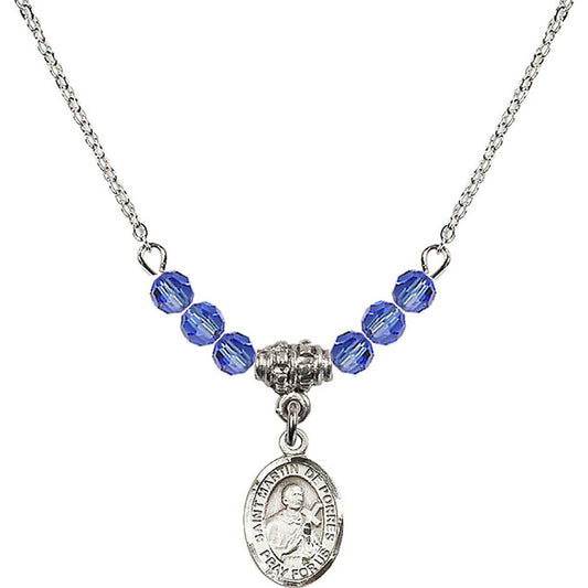 Sterling Silver Saint Martin de Porres Birthstone Necklace with Sapphire Beads - 9089