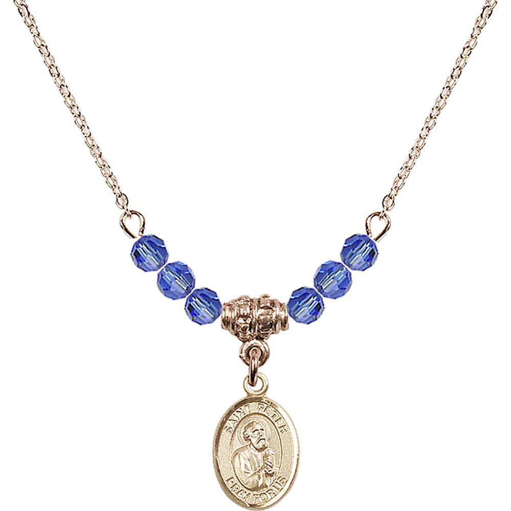 14kt Gold Filled Saint Peter the Apostle Birthstone Necklace with Sapphire Beads - 9090