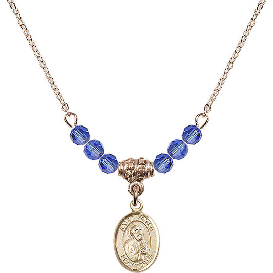 14kt Gold Filled Saint Peter the Apostle Birthstone Necklace with Sapphire Beads - 9090