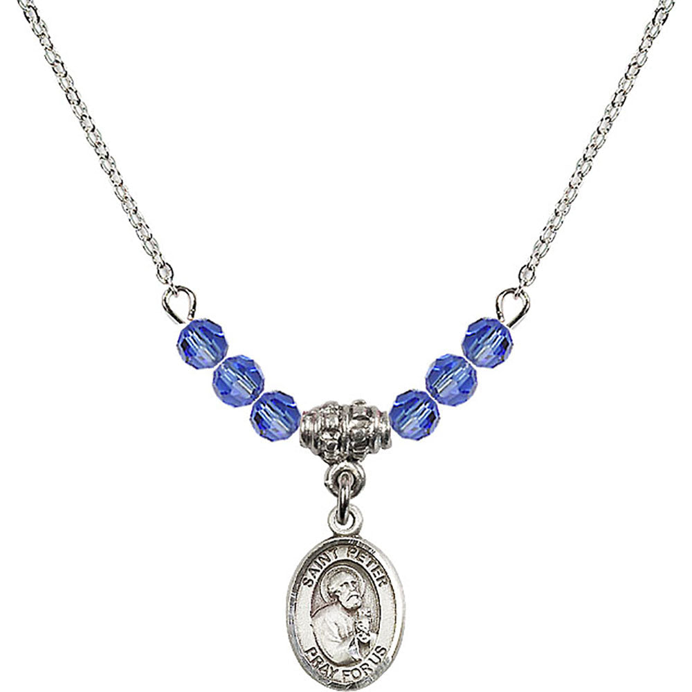 Sterling Silver Saint Peter the Apostle Birthstone Necklace with Sapphire Beads - 9090