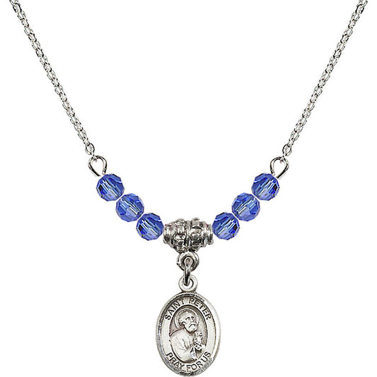 Sterling Silver Saint Peter the Apostle Birthstone Necklace with Sapphire Beads - 9090
