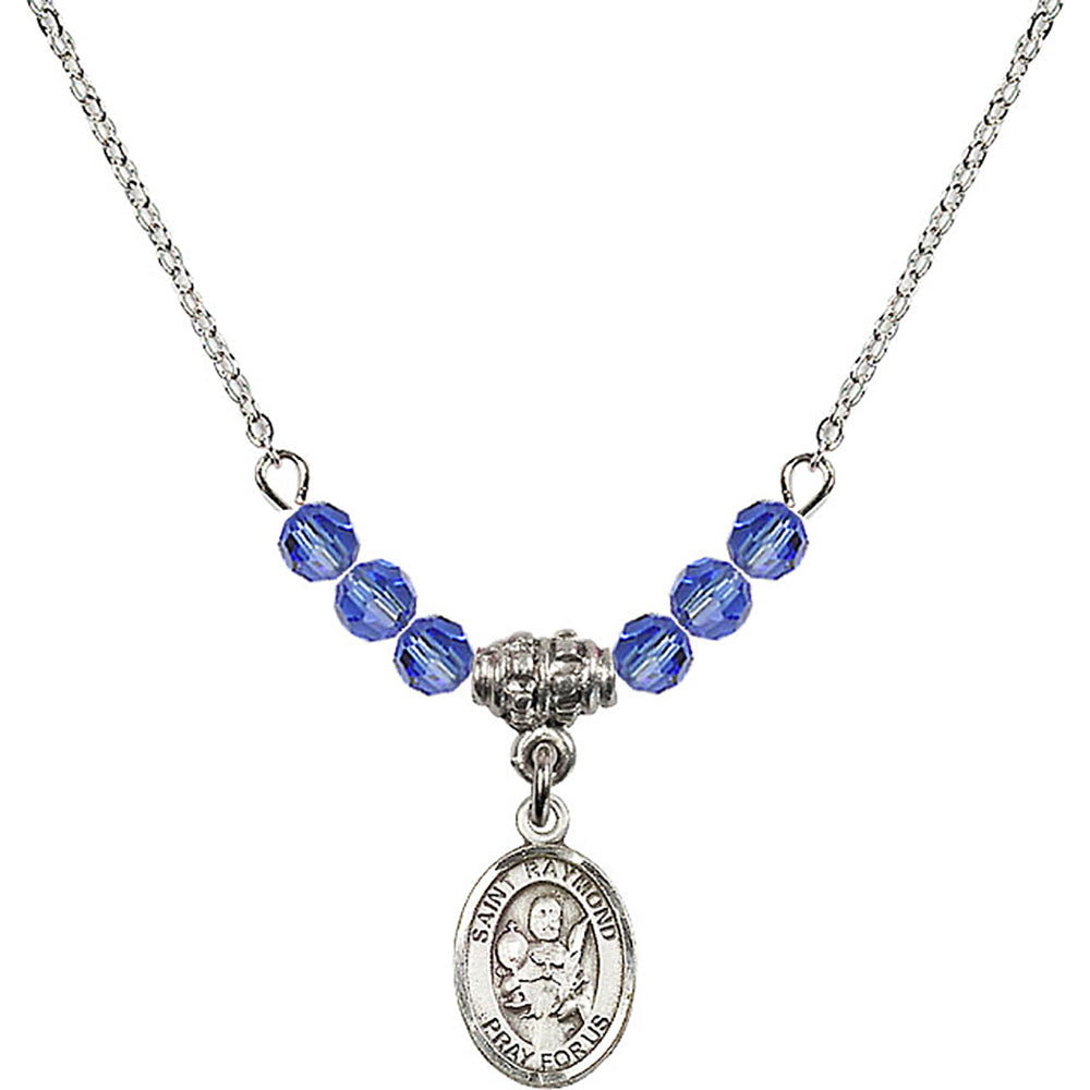 Sterling Silver Saint Raymond Nonnatus Birthstone Necklace with Sapphire Beads - 9091
