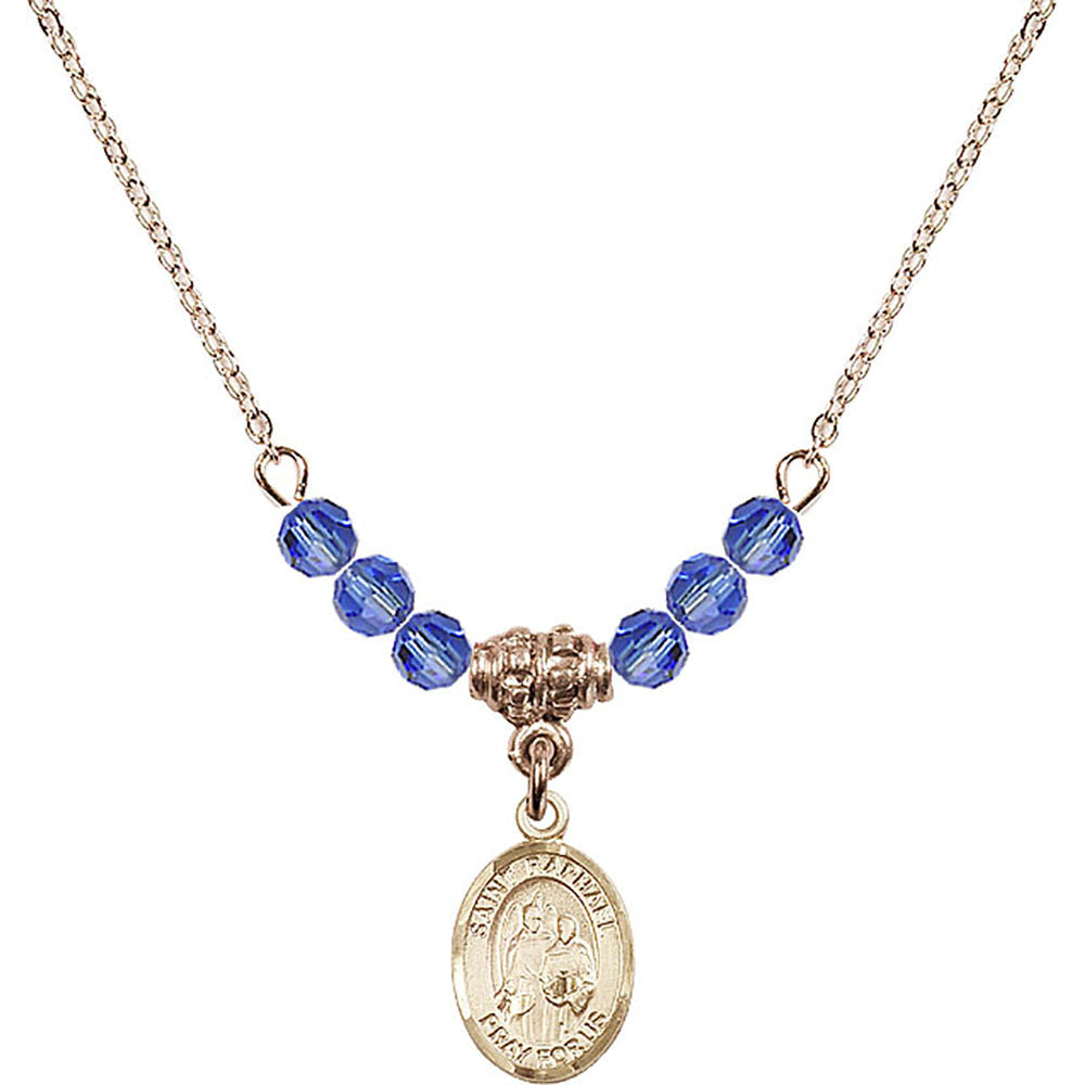 14kt Gold Filled Saint Raphael the Archangel Birthstone Necklace with Sapphire Beads - 9092