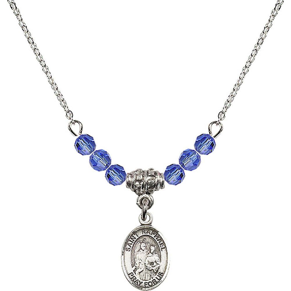 Sterling Silver Saint Raphael the Archangel Birthstone Necklace with Sapphire Beads - 9092