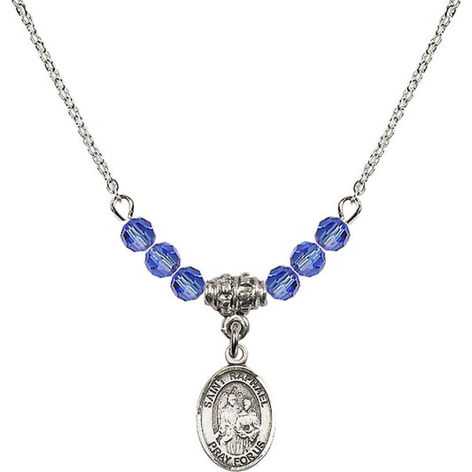 Sterling Silver Saint Raphael the Archangel Birthstone Necklace with Sapphire Beads - 9092