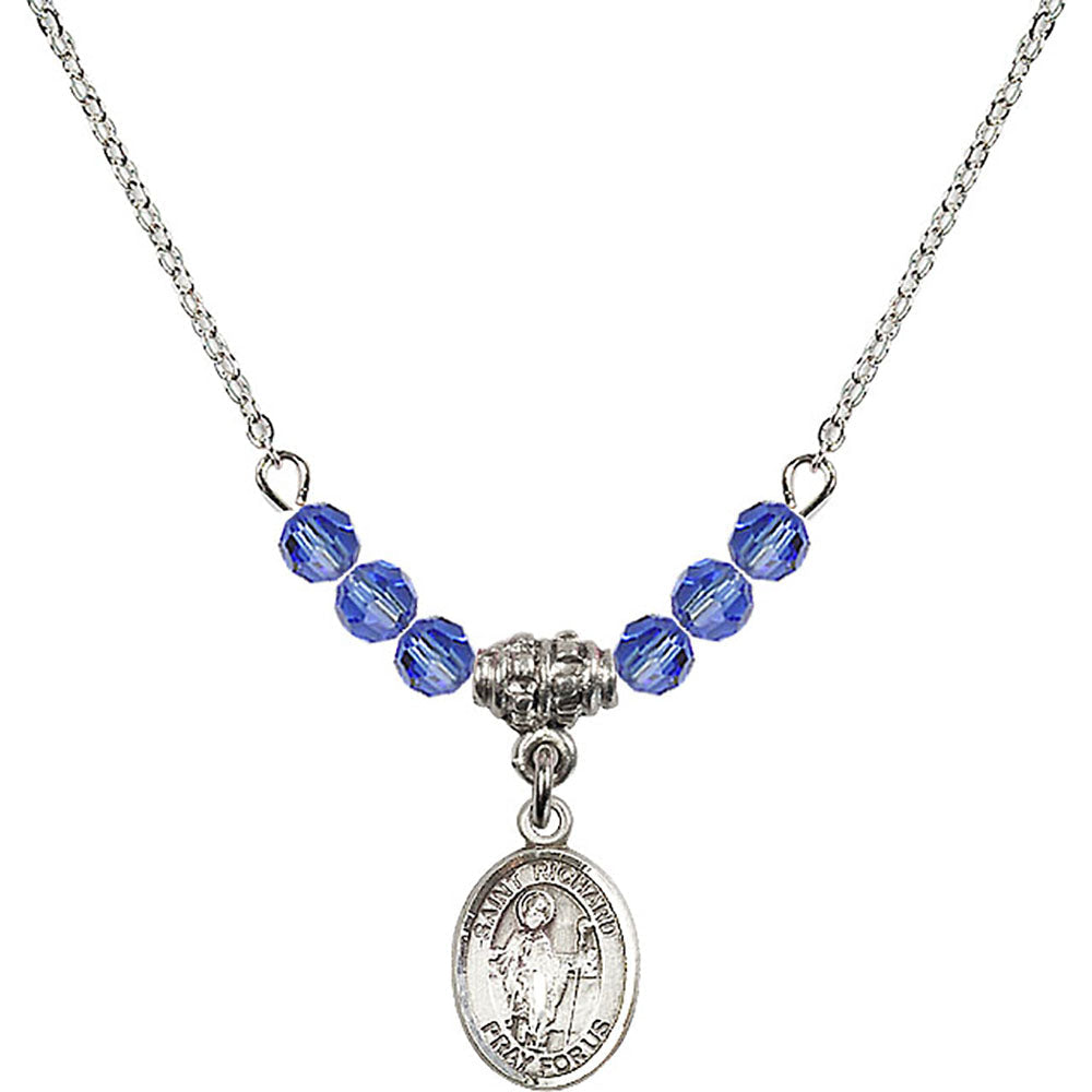 Sterling Silver Saint Richard Birthstone Necklace with Sapphire Beads - 9093