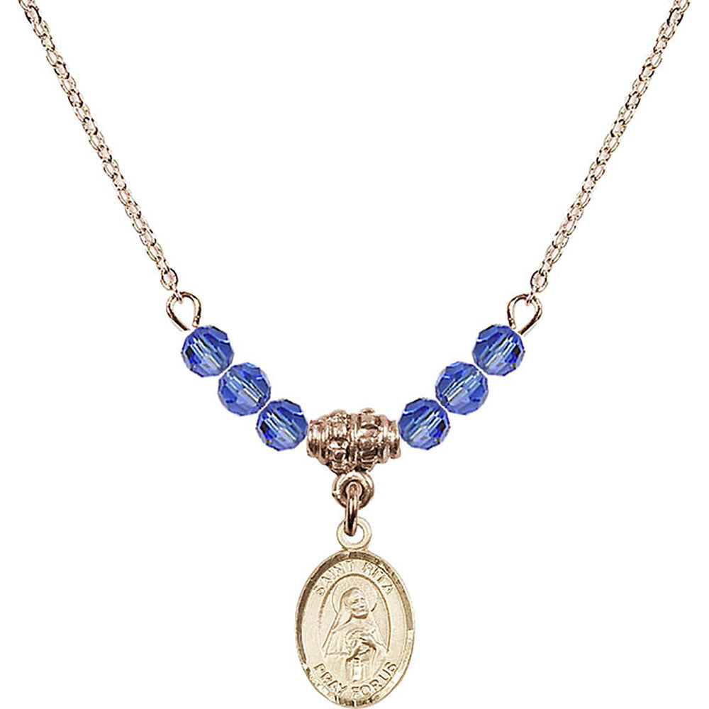 14kt Gold Filled Saint Rita of Cascia Birthstone Necklace with Sapphire Beads - 9094