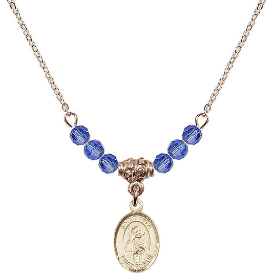 14kt Gold Filled Saint Rita of Cascia Birthstone Necklace with Sapphire Beads - 9094