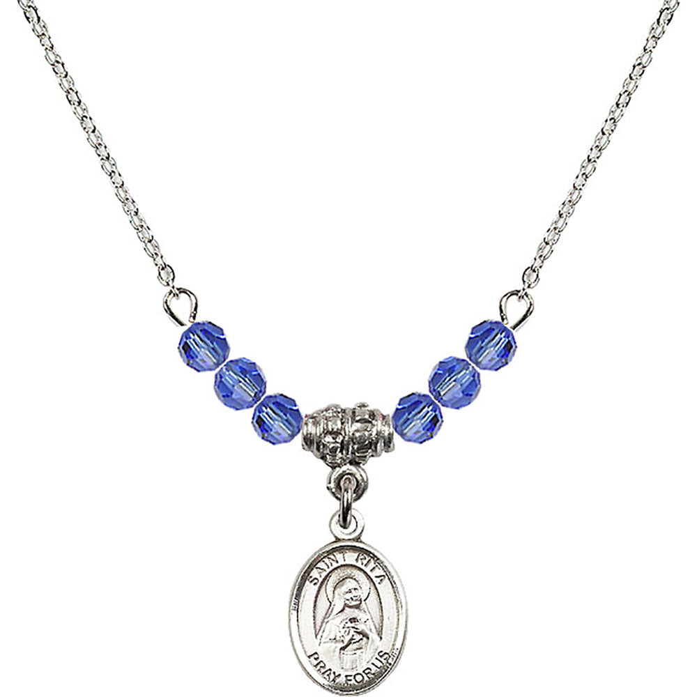 Sterling Silver Saint Rita of Cascia Birthstone Necklace with Sapphire Beads - 9094