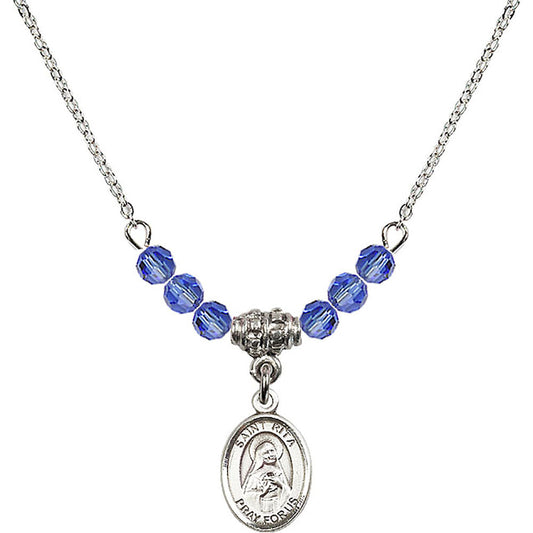 Sterling Silver Saint Rita of Cascia Birthstone Necklace with Sapphire Beads - 9094