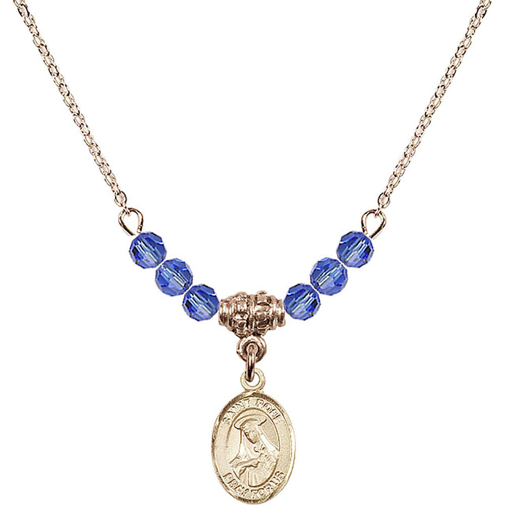 14kt Gold Filled Saint Rose of Lima Birthstone Necklace with Sapphire Beads - 9095