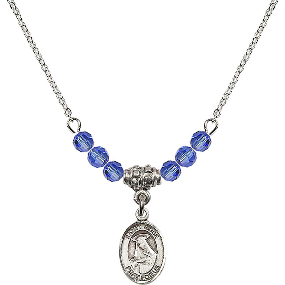 Sterling Silver Saint Rose of Lima Birthstone Necklace with Sapphire Beads - 9095