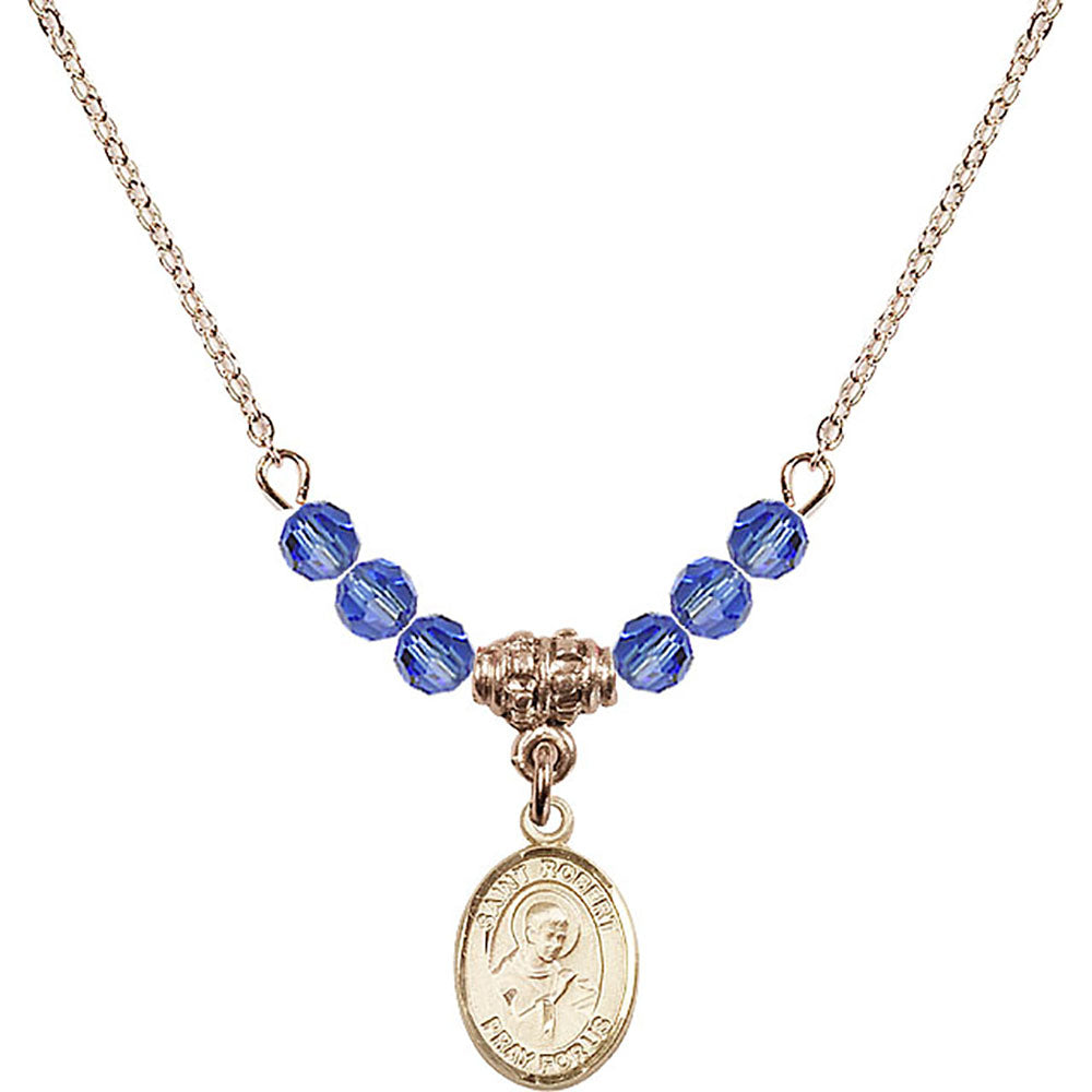 14kt Gold Filled Saint Robert Bellarmine Birthstone Necklace with Sapphire Beads - 9096