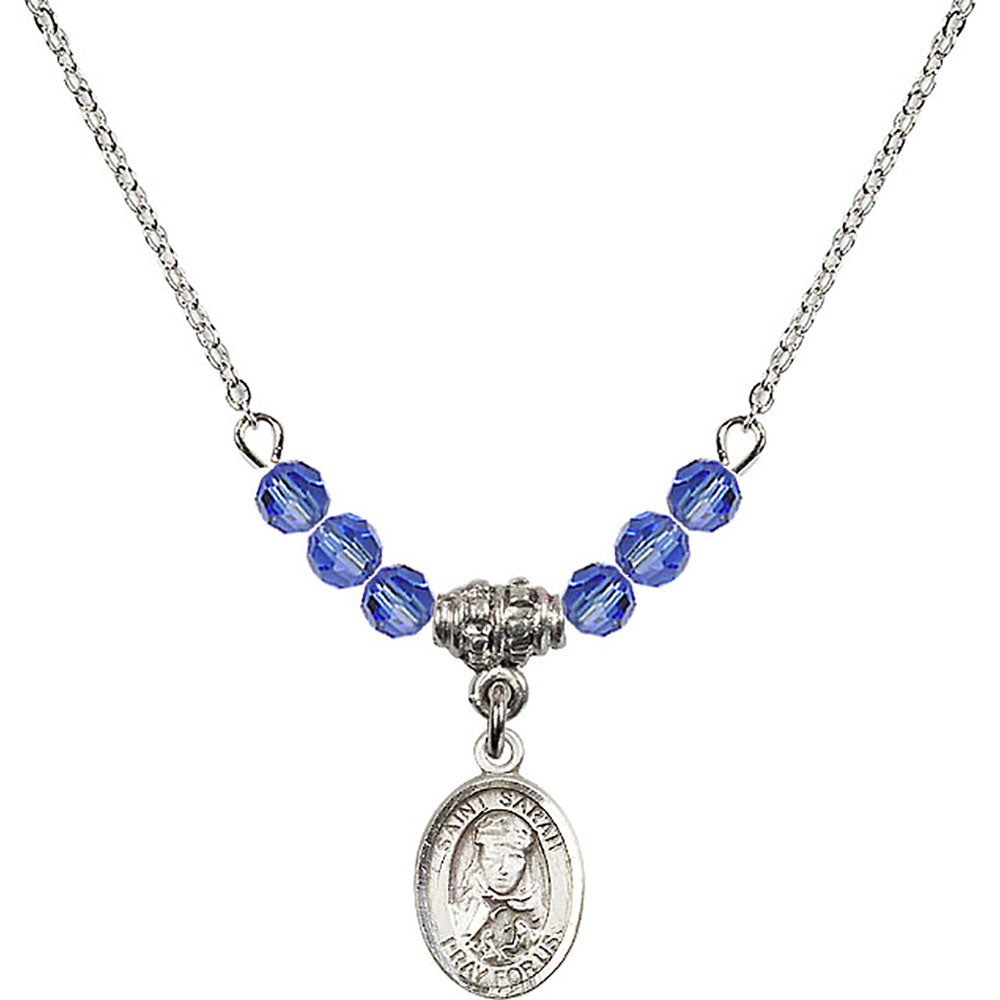 Sterling Silver Saint Sarah Birthstone Necklace with Sapphire Beads - 9097